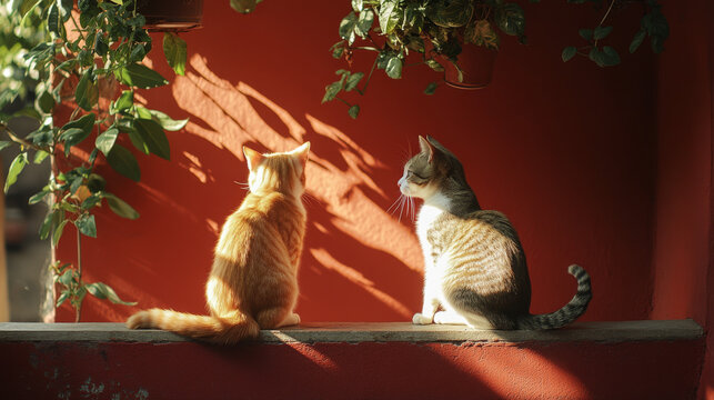 Two cats are sitting on a ledge, one is orange and the other is gray