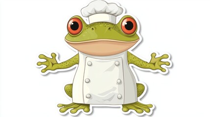 Obraz premium Isolated vector illustration of a frog dressed as a chef. Cartoon image of an anthropomorphic toad on a white background. Colored sticker with an animal character.