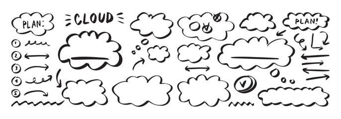 Cloud planning sketch line drawing elements. hand drawn icons for business cloud sketch