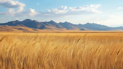 Fototapeta premium Kazakhstan steppe landscape in autumn. Parched grasses sway in the wind against a backdrop of distant mountains. [935] --ar 16:9 --v 6.1 Job ID: b8c64c79-0692-434c-b4e9-56a542438288