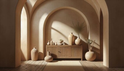 Arched interior, minimalist decor, wooden cabinet, ceramic vases, window with sunlight, beige...