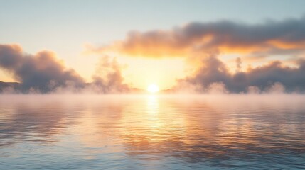 Fototapeta premium A massive expanse of water emanating steam, with the sun positioned centrally above it at dusk