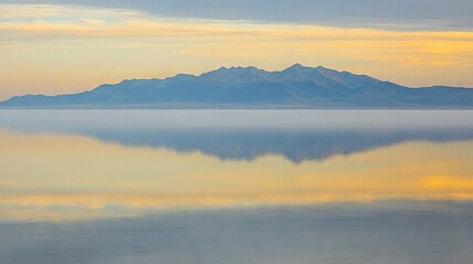  A vast expanse of water stretches out, framed by a distant mountain range and dotted with scattered clouds overhead