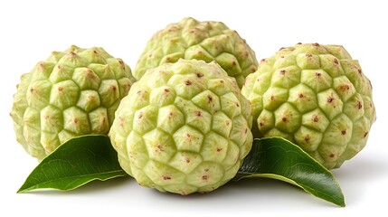 Fototapeta premium Four ripe green custard apples with leaves isolated on white background.