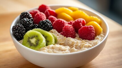 Nourishing morning meal featuring oatmeal enhanced with a medley of fresh fruits. [992] --ar 16:9 --v 6.1 Job ID: daa763e7-710e-4f5a-a59c-4ae4daefd80b