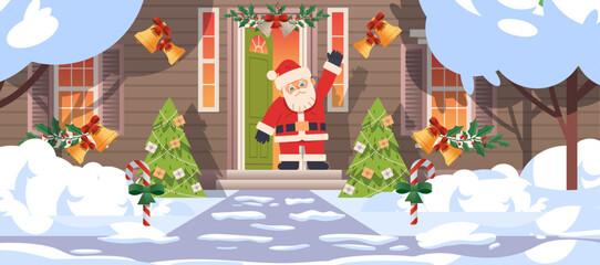 Happy Santa Claus waving hello on the doorstep of house. Christmas greetings concept. Cartoon flat vector illustration © Aroma_Art