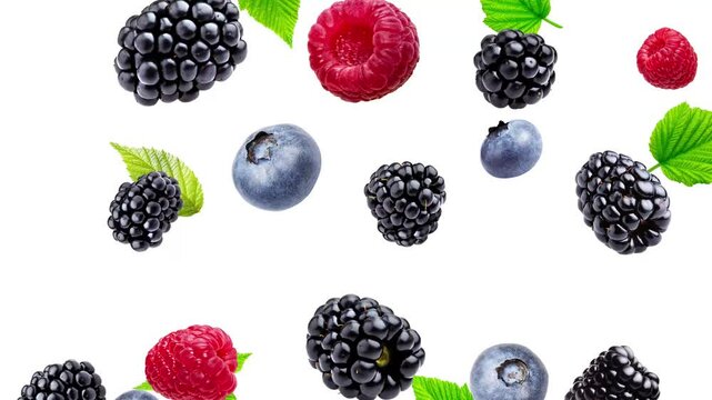 Falling Mixed Berries with Isolated White Background - High-Quality Stock Video, Blueberry, Blackberry, raspberry, and berries leaves on white background