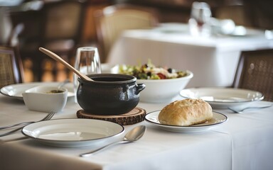 Elegant table setting for a meal with a black cauldron and wooden spoon, white bowls with salad, loaf of bread on a white plate, and silverware in a restaurant