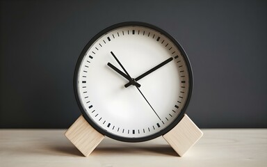 Minimalistic round clock with black face and white hands on light-colored wooden stand against dark grey background