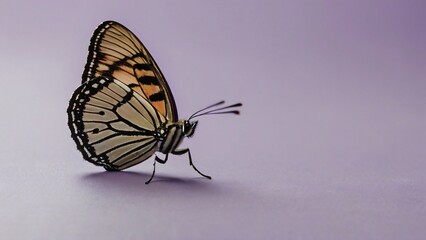 Obraz premium A beautifully detailed butterfly is perched on a soft purple backdrop, its wings displaying striking patterns of orange and black. The serene setting highlights its elegance
