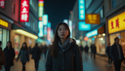 Portrait of an Asian young woman on the evening streets of a modern city.