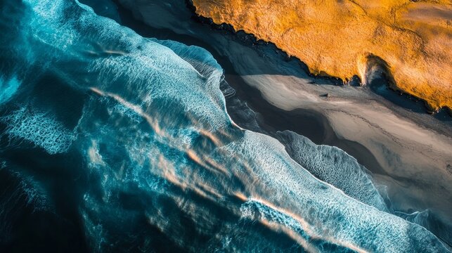 Aerial image of Hellnar, Arnarstapi, Iceland; abstract landscape featuring sand and water.
