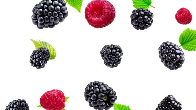 Falling Mixed Berries with Isolated White Background - High-Quality Stock Video. Blackberry, raspberry, and berry leaves on white background