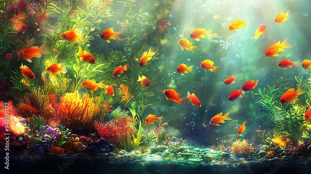 Sticker   An expansive aquarium brimming with diverse water flora and vibrant yellow-orange fish swimming gracefully