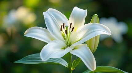 Fototapeta premium White lily in full bloom perfect for creating peaceful and floral-themed backgrounds