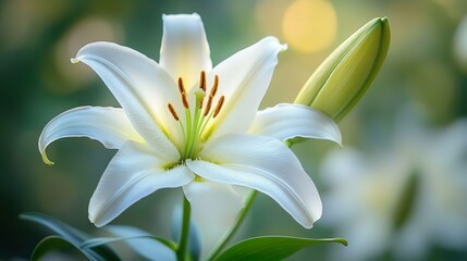 Fototapeta premium Close-up of a delicate white lily ideal for calm and floral-inspired designs