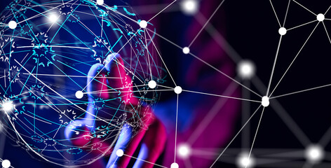 Global network. Blockchain. 3D illustration. Neural networks and artificial intelligence. Abstract