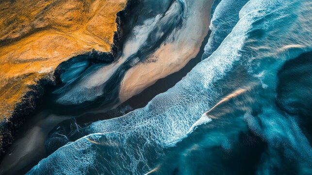 Aerial image of Hellnar, Arnarstapi, Iceland; abstract landscape featuring sand and water.
