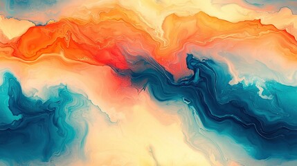   An abstract painting with vibrant blue, orange, and yellow hues surrounding a bold red center