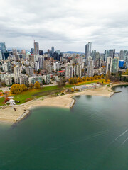 Obraz premium Top cinematic aerial view. Downtown Vancouver British Columbia. Aerial View Of Skyline Buildings.