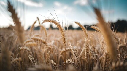 Close-up of a vast field of ripe golden brown wheat ready for harvest with a distant view of trees and a blue sky with white clouds and sunlight creating a warm glow on the plants