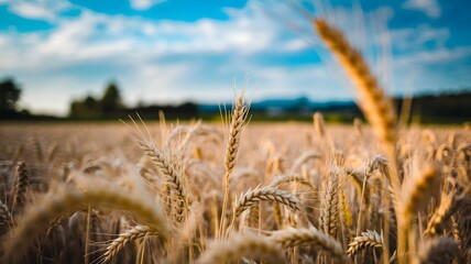 Close-up of golden brown wheat field ready for harvest with vast landscape and clear blue sky