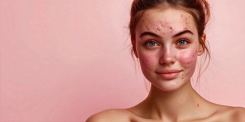 Close-up of a young woman with severe acne on a pink background, skin conditions and dermatological care. Copy space for text or advertising message on card or banner