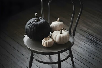 Rustic Round Wooden Table with Black Metal Chair and Small Pumpkins on Wooden Floor