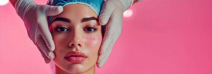 Close-up of professional cosmetic treatment with gloved hands examining patient's face, precision skincare in modern beauty clinic. Copy space for text or advertising message on card or banner