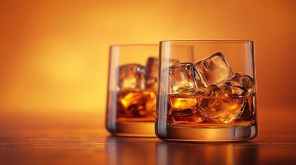 Two elegant whisky glasses on wood, with ice, glow softly against a warm orange backdrop.