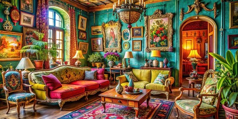 Fototapeta premium Vibrant vintage scene features aged architecture, ornate decorations, and eclectic furnishings, bursting with bold colors, textures, and patterns, evoking nostalgia and whimsy.