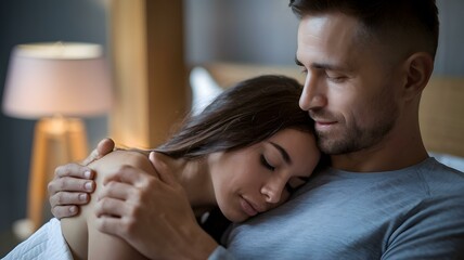 Young Couple in Cozy Bedroom, Man Resting on Woman's Shoulder, Peaceful Expressions, Soft Warm Lighting