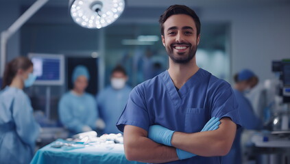 Surgeon in operating room with team preparing for cosmetic procedure, modern medical facility