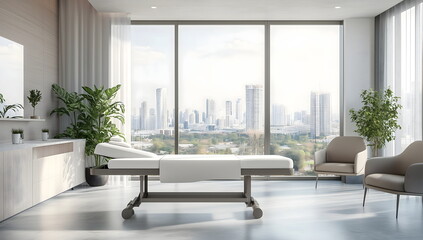 Fototapeta premium Luxurious cosmetic clinic treatment room with panoramic city view, modern equipment and sleek design for premium beauty procedures