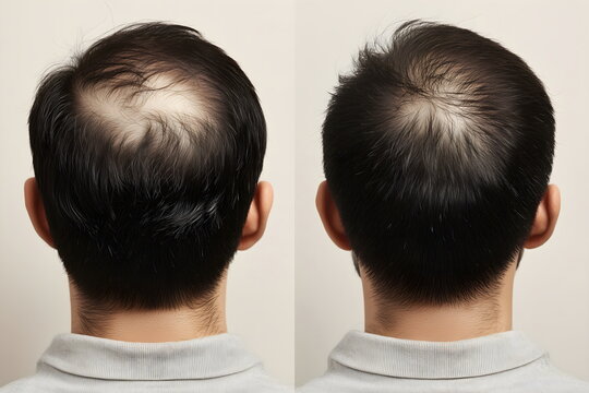 Hair loss solution for men: Before and after images demonstrating effective treatment for male pattern baldness on the crown and vertex areas