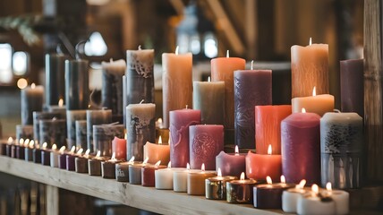 Long wooden shelf with multiple rows of lit candles of different colors and sizes in a peaceful indoor space with wooden beams and windows