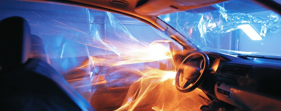 Dynamic image capturing the deployment of driver and passenger airbags during a car crash simulation for safety and impact analysis