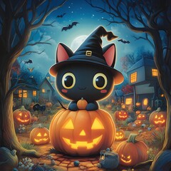 Charming black cat on a pumpkin, adorned with a witch hat, broomstick nearby, nestled in a spooky forest, surrounded by glowing jack-o'-lanterns and flying bats in the night sky