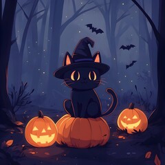 Fototapeta premium Kawaii black cat on pumpkin, wearing witch hat, broomstick at side, spooky forest backdrop, glowing jack-o'-lanterns, bats fluttering in the night sky