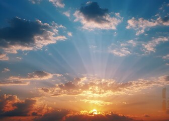 Fototapeta premium Beautiful sky background - Sunset Sunrise sky with light clouds and real sun 