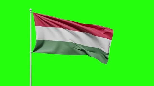 Hungary flag waving in the wind against green screen background. Bright and colorful concept for travel and tourism. 3D render