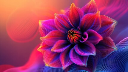 Dahlia flower in colorful abstract art style, featuring neon geometric lines and vibrant colors, set against a mesmerizing vector background