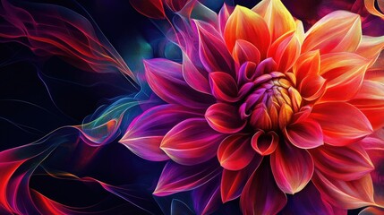 Dahlia in vibrant abstract art style with geometric neon lines, bright colors, and a mesmerizing vector background, creating a dynamic and eye-catching design