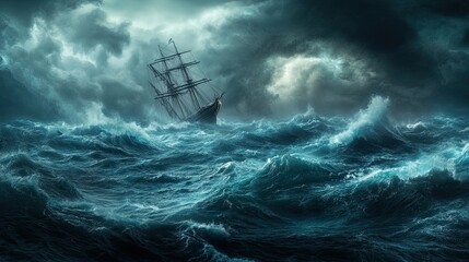 Obraz premium A stormy sea of emotions, with towering waves of anger and deep troughs of sorrow, navigated by a lone ship of resilience.