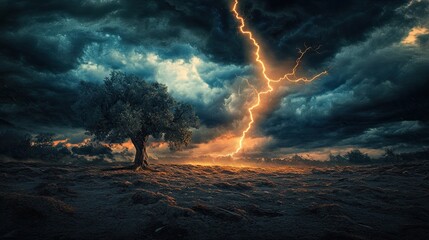 Obraz premium A stormy sky filled with lightning bolts of inspiration, striking a barren landscape, giving life to new ideas that grow like trees.