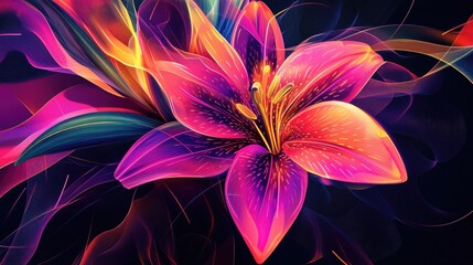 Lily in an abstract art style, with geometric neon lines and bright colors, creating a striking vector illustration background