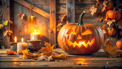 Obraz premium Glowing Halloween Jack-O'-Lantern with Candles and Fall Leaves in Rustic Setting