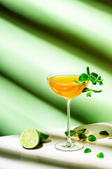 Summer alcoholic cocktail drink with rum, lime juice, dry sparkling wine, syrup, bitter, mint and ice, green background, hard light