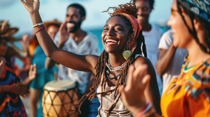 Joyful Group Celebrating with Dance and Drumming on the Beach