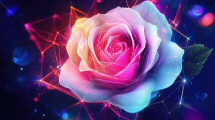 Abstract white rose with bright neon lines and geometric shapes, creating a dynamic and vibrant vector background